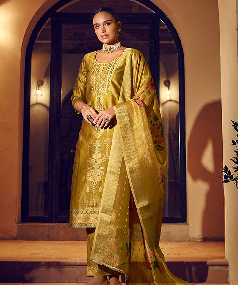 Mustard color shimmer silk fabric woven designer readymade salwar kameez