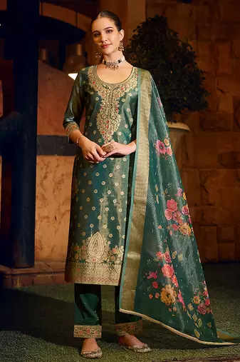 Green color shimmer silk fabric woven designer readymade salwar kameez