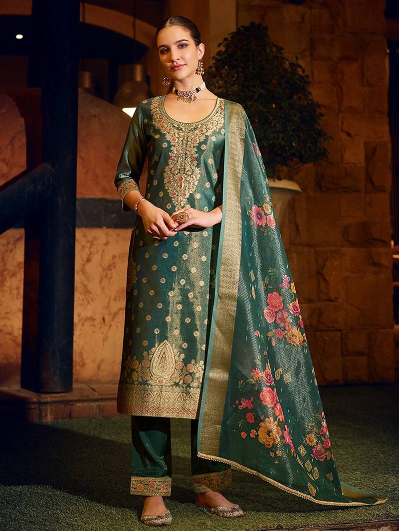 Green color shimmer silk fabric woven designer readymade salwar kameez