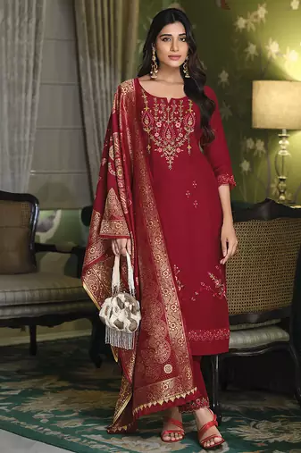Maroon color viscose fabric woven designer readymade suit with hand work
