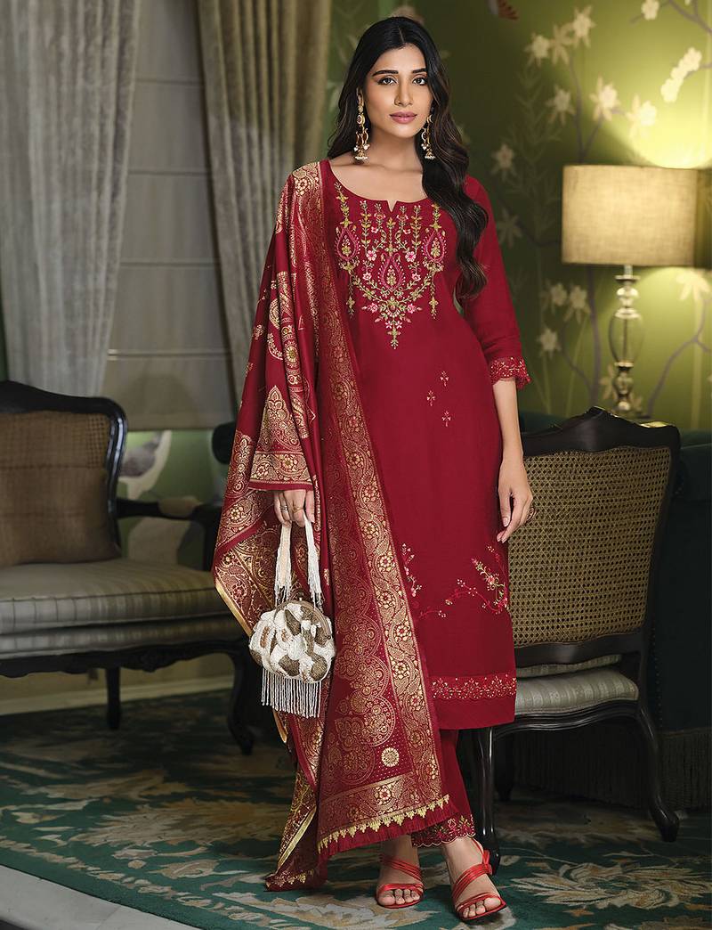 Maroon color viscose fabric woven designer readymade suit with hand work