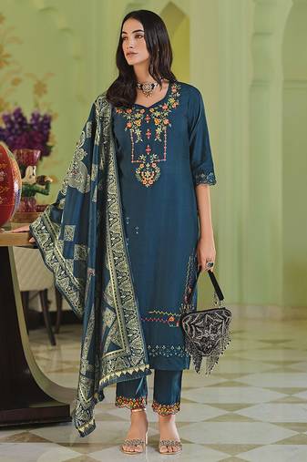Teal blue color viscose fabric woven designer readymade suit with hand work
