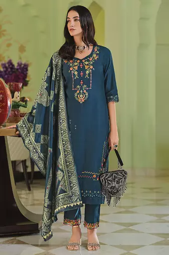 Teal blue color viscose fabric woven designer readymade suit with hand work