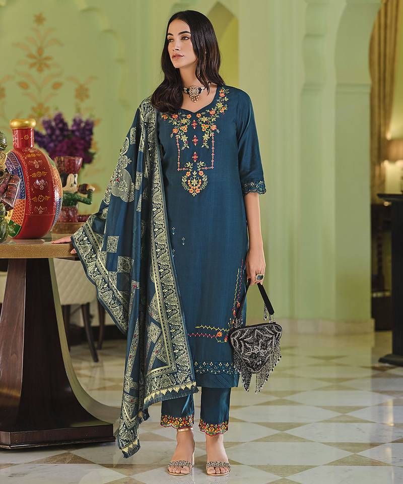 Teal blue color viscose fabric woven designer readymade suit with hand work