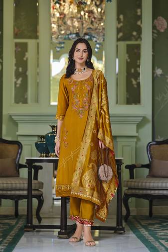 Mustard color viscose fabric woven designer readymade suit with hand work