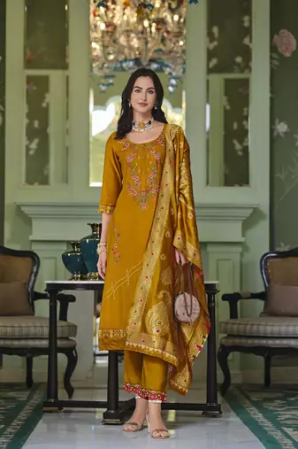 Mustard color viscose fabric woven designer readymade suit with hand work