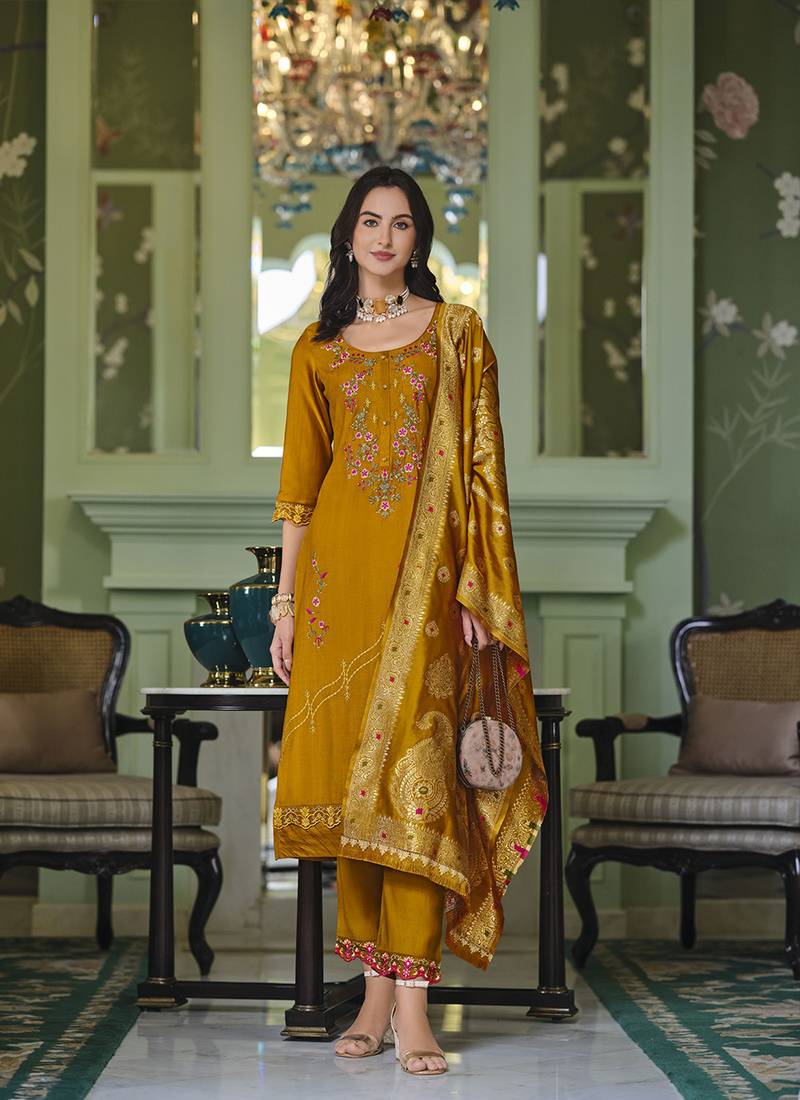 Mustard color viscose fabric woven designer readymade suit with hand work