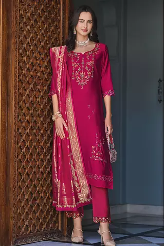 Pink color viscose fabric woven designer readymade suit with hand work