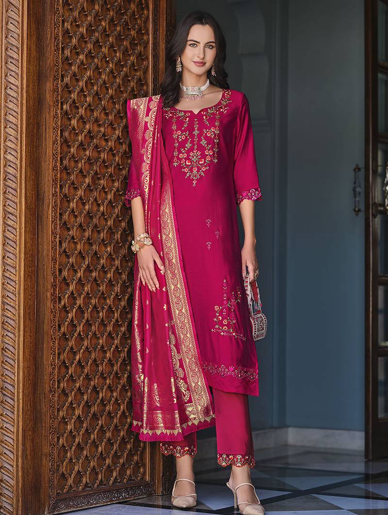 Pink color viscose fabric woven designer readymade suit with hand work