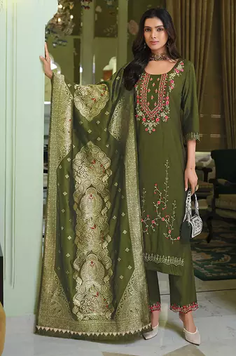 Green color viscose fabric woven designer readymade suit with hand work