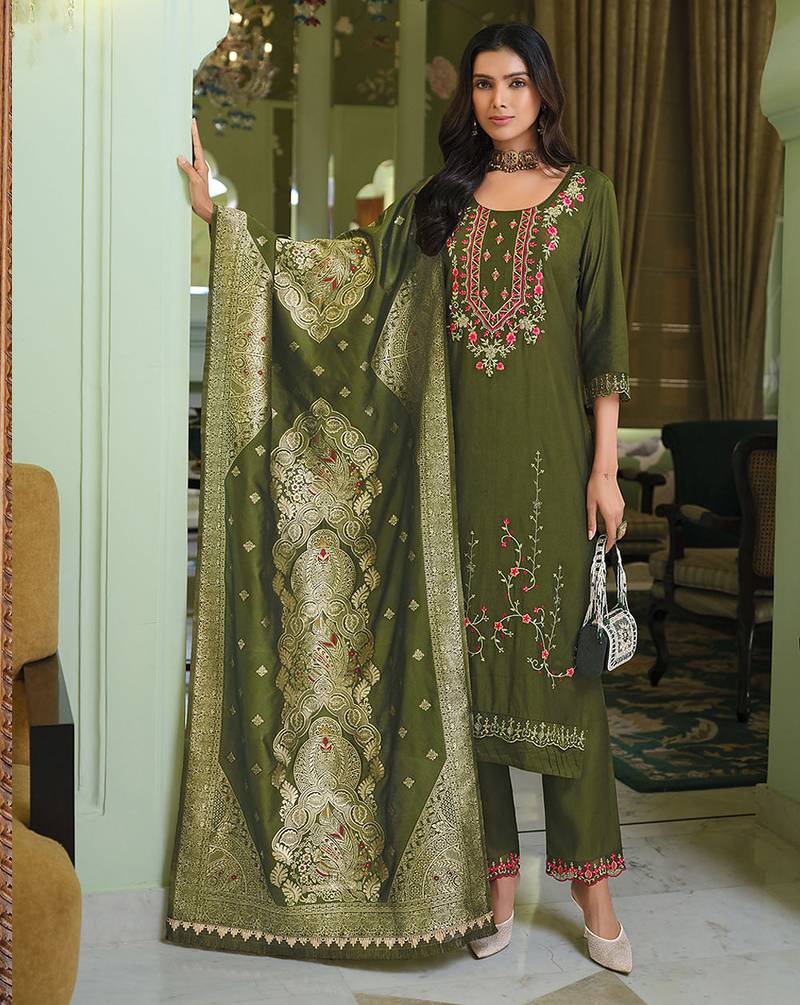 Green color viscose fabric woven designer readymade suit with hand work