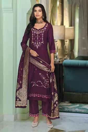 Purple color viscose fabric woven designer readymade suit with hand work