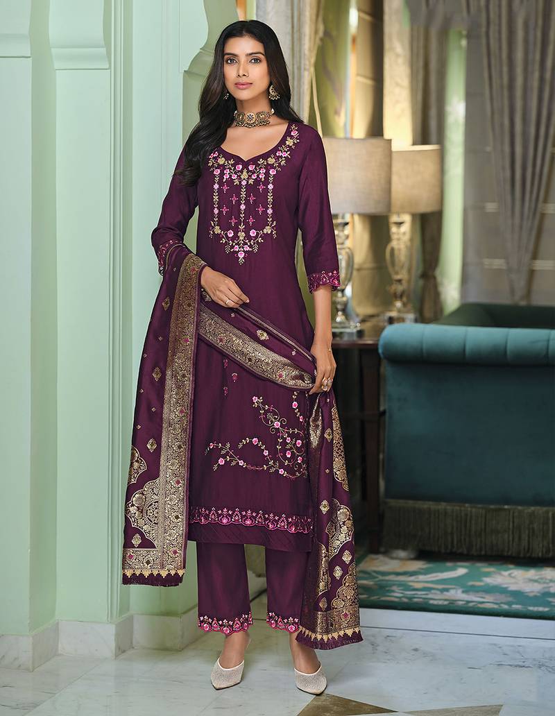 Purple color viscose fabric woven designer readymade suit with hand work
