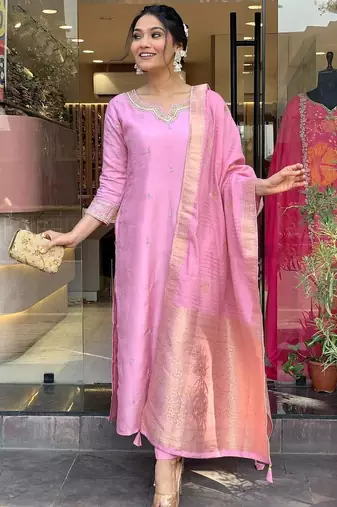 Beautiful Embroidery Viscose Chanderi Fabric Straight Kurta Pant with Dupatta Set