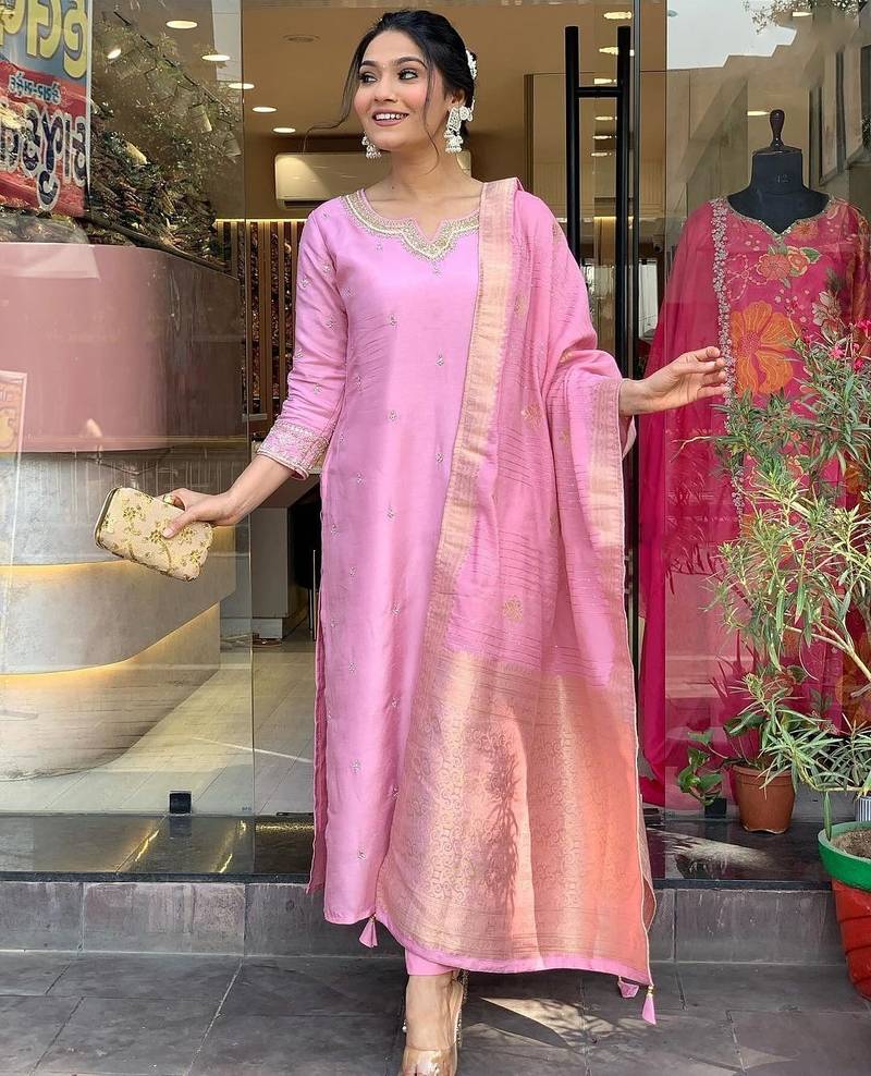 Beautiful Embroidery Viscose Chanderi Fabric Straight Kurta Pant with Dupatta Set