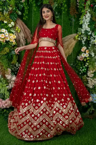 Red Color Georgette Fabric Heavy Wedding Wear Bridesmaid Style Lehenga Choli