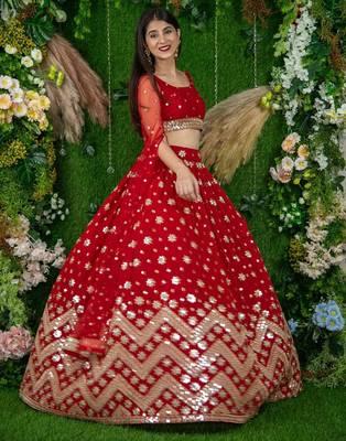 Red Color Georgette Fabric Heavy Wedding Wear Bridesmaid Style Lehenga Choli 4