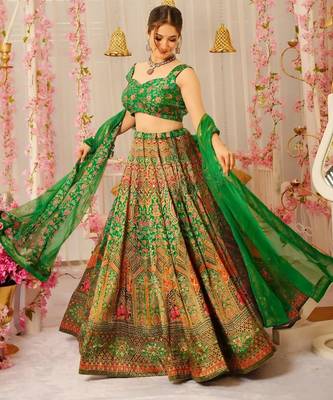 Green Color Ethnic And Graceful Ceremonial Wear Printed Lehenga 1