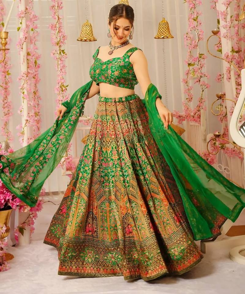 Green Color Ethnic And Graceful Ceremonial Wear Designer Printed Lehenga