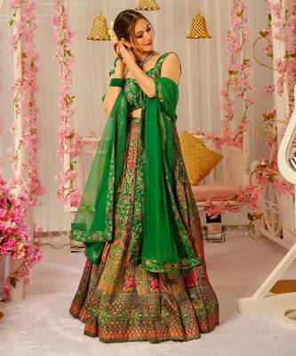 Green Color Ethnic And Graceful Ceremonial Wear Printed Lehenga 2