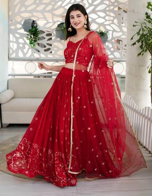 Red Color Georgette Fabric Heavy Wedding Wear Bridesmaid Style Lehenga Choli 3