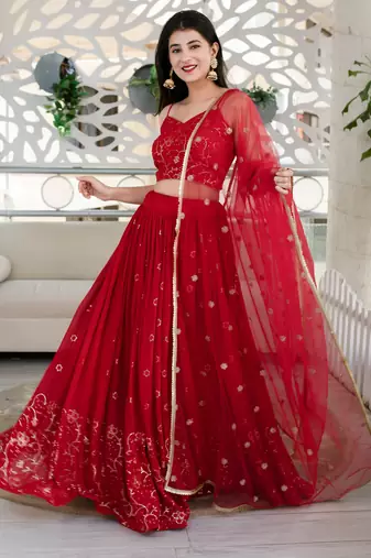 Red Color Georgette Fabric Heavy Wedding Wear Bridesmaid Style Lehenga Choli