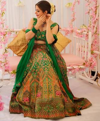 Green Color Ethnic And Graceful Ceremonial Wear Printed Lehenga 3