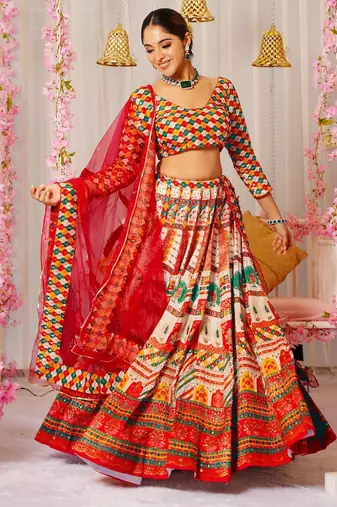Multicolor Ethnic And Graceful Ceremonial Wear Printed Lehenga