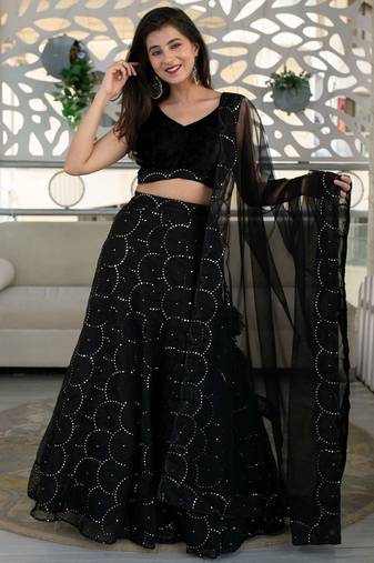 Black Color Organza Net Fabric Heavy Wedding Wear Bridesmaid Style Lehenga Choli