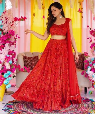Red Color Air Tex Chinon Fabric Glamorous Ethnic Crop Top Lehenga For Trendy Looks 1