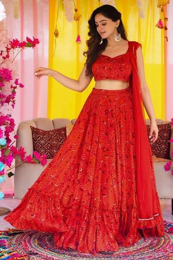 Red Color Air Tex Chinon Fabric Glamorous Ethnic Crop Top Lehenga For Trendy Looks