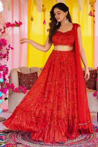 Red Color Air Tex Chinon Fabric Glamorous Ethnic Crop Top Lehenga For Trendy Looks