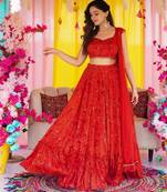 Red Color Air Tex Chinon Fabric Glamorous Ethnic Crop Top Lehenga For Trendy Looks