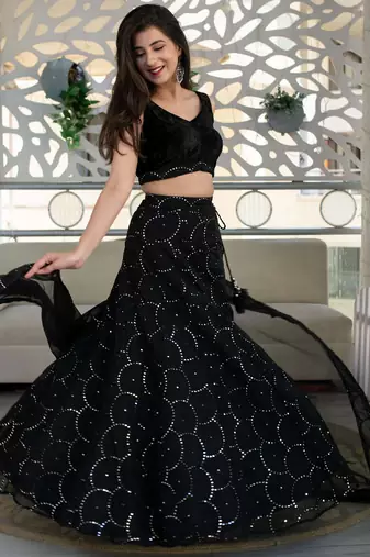 Black Color Organza Net Fabric Heavy Wedding Wear Bridesmaid Style Lehenga Choli
