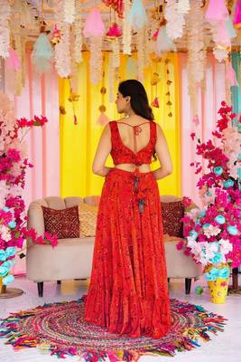 Red Color Air Tex Chinon Fabric Glamorous Ethnic Crop Top Lehenga For Trendy Looks 2