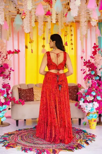 Red Color Air Tex Chinon Fabric Glamorous Ethnic Crop Top Lehenga For Trendy Looks