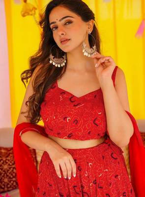 Red Color Air Tex Chinon Fabric Glamorous Ethnic Crop Top Lehenga For Trendy Looks 3