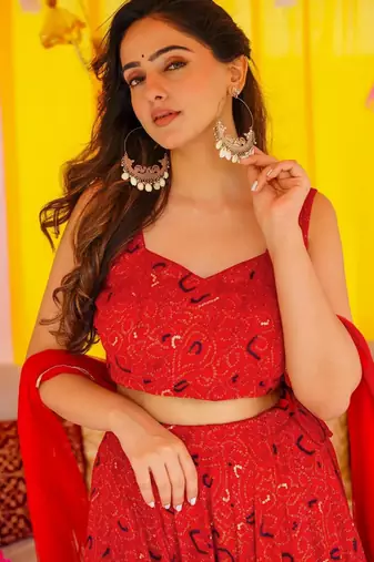 Red Color Air Tex Chinon Fabric Glamorous Ethnic Crop Top Lehenga For Trendy Looks