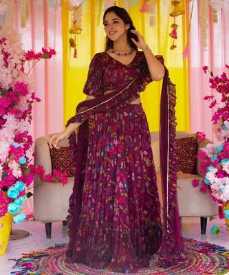 Wine Color Air Tex Chinon Fabric Glamorous Ethnic Crop Top Lehenga For Trendy Looks 1
