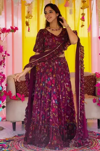 Wine Color Air Tex Chinon Fabric Glamorous Ethnic Crop Top Lehenga For Trendy Looks