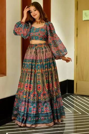 Blue Color Ethnic And Graceful Ceremonial Wear Printed Lehenga