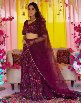 Wine Color Air Tex Chinon Fabric Glamorous Ethnic Crop Top Lehenga For Trendy Looks 2