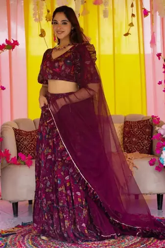 Wine Color Air Tex Chinon Fabric Glamorous Ethnic Crop Top Lehenga For Trendy Looks