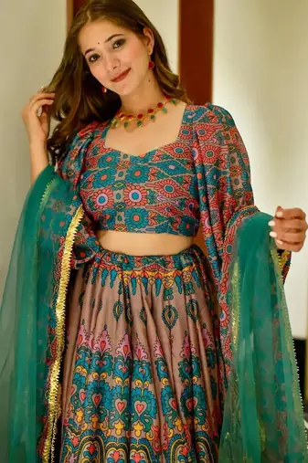 Blue Color Ethnic And Graceful Ceremonial Wear Printed Lehenga