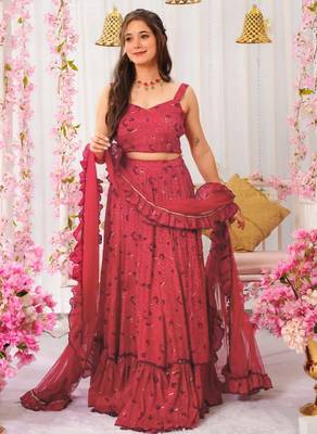 Maroon Color Air Tex Chinon Fabric Glamorous Ethnic Crop Top Lehenga For Trendy Looks 1