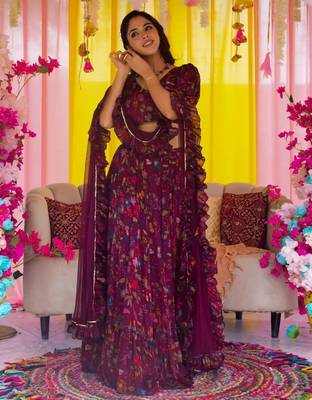 Wine Color Air Tex Chinon Fabric Glamorous Ethnic Crop Top Lehenga For Trendy Looks 3