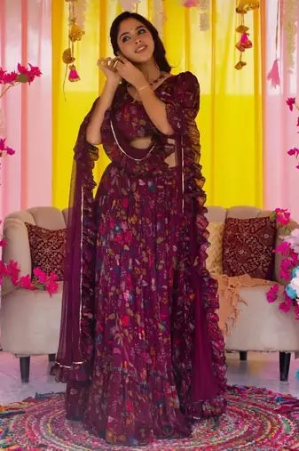 Wine Color Air Tex Chinon Fabric Glamorous Ethnic Crop Top Lehenga For Trendy Looks