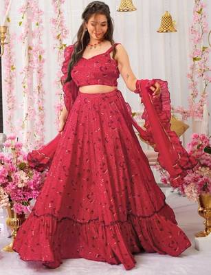 Maroon Color Air Tex Chinon Fabric Glamorous Ethnic Crop Top Lehenga For Trendy Looks 2
