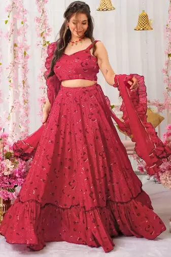 Maroon Color Air Tex Chinon Fabric Glamorous Ethnic Crop Top Lehenga For Trendy Looks