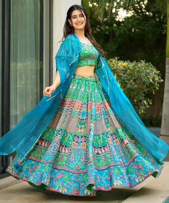 Sea Green Color Ethnic And Graceful Ceremonial Wear Printed Lehenga 2